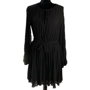Zara Pleated Black Long Sleeve Mini Belted Dress New